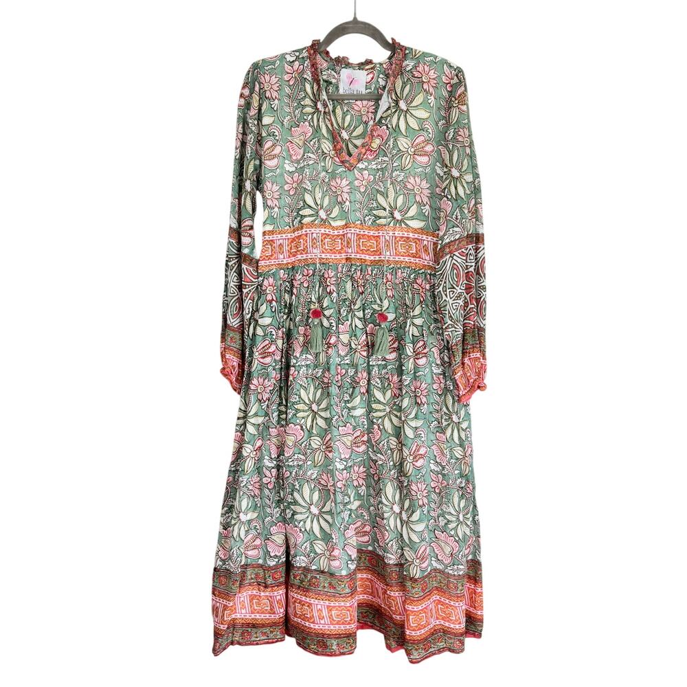 Bella Tu Floral Bohemian Block Print Midi Dress Extra Large XL